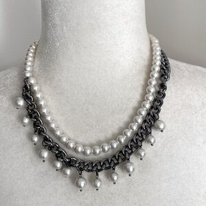 Freshwater Cultured Pearl and Gunmetal Chain Fringe Edgy Sophisticated Necklace
